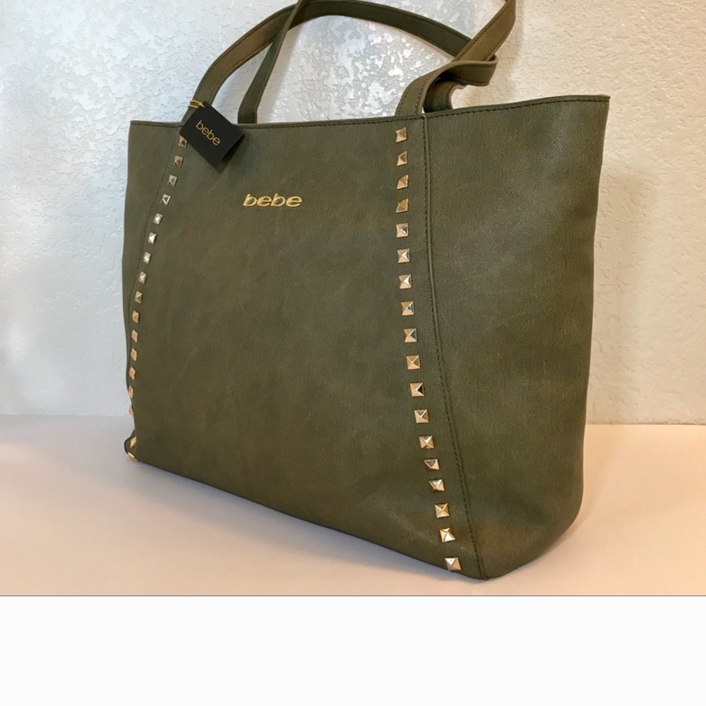 Bebe Olive Green Studded Tote Bag